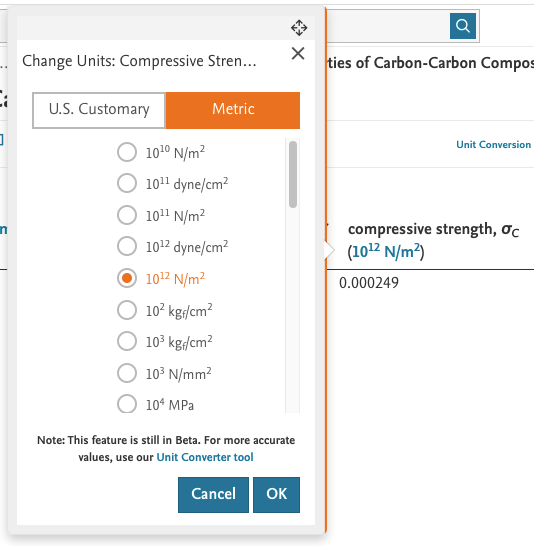Screenshot of auto unit conversion within tables